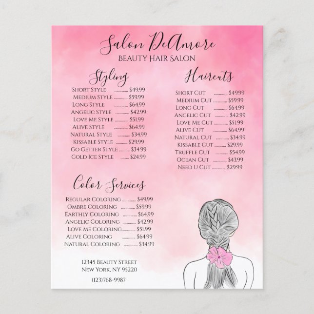 Service Menu Girl mit Braid Pink Watercolor Flyer (Vorne)