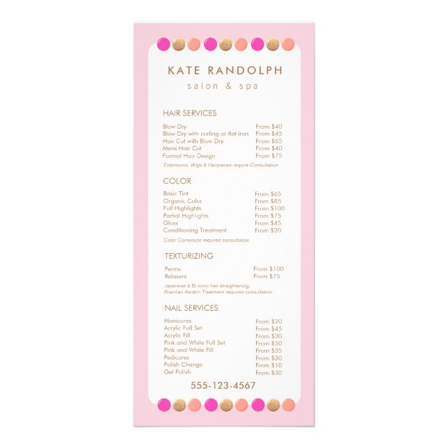 Service-Menü "niedlich Pink Salon List" Werbekarte (Vorne)