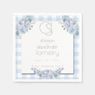 Serviette   Floral Monogram Blue Gingham