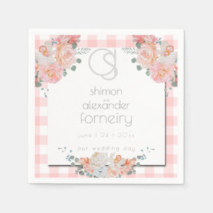 Serviette   Floral Monogram Coral Gingham