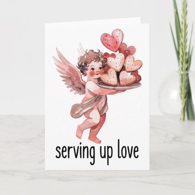 Serving Up Love Valentine Vintage Cherub Heart  Karte (Vorderseite)