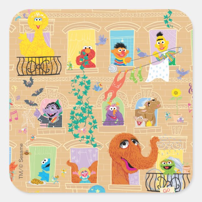 Sesame Street Apartment Windows-Muster Quadratischer Aufkleber (Vorderseite)