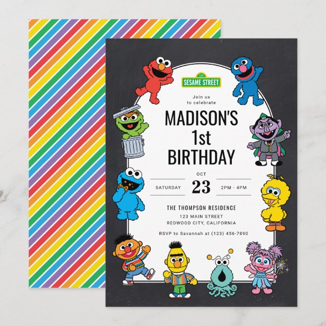 Sesame Street Characters Chalkboard Birthday Einladung (Vorne/Hinten)