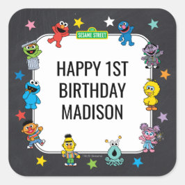 Sesame Street Characters Chalkboard Birthday Quadratischer Aufkleber