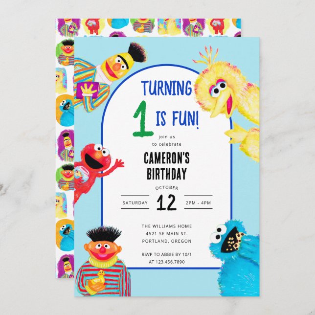 Sesame Street Characters First Birthday Party Einladung (Vorne/Hinten)