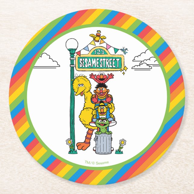 Sesame Street Characters & Street Sign Round Paper Runder Pappuntersetzer (Vorderseite)