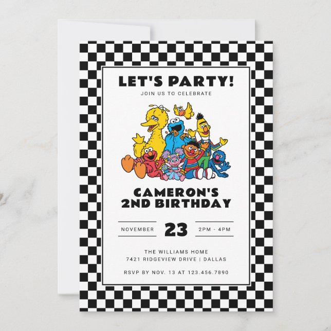Sesame Street Checkerboard Birthday Einladung (Vorderseite)