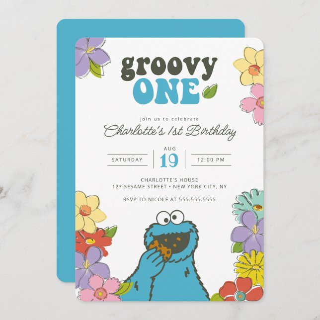 Sesame Street Cookie Monster | Groovy One Geburtst Einladung (Vorne/Hinten)
