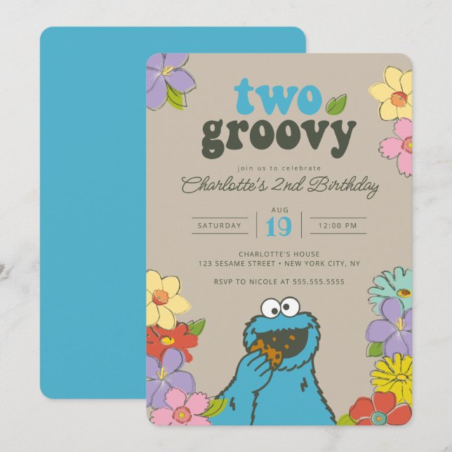 Sesame Street Cookie Monster | Two Groovy Birthday Einladung (Vorne/Hinten)