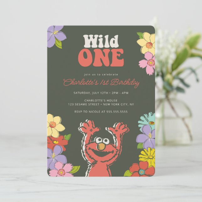 Sesame Street Elmo | Wild One Floral Birthday Einladung (Stehend Vorderseite)