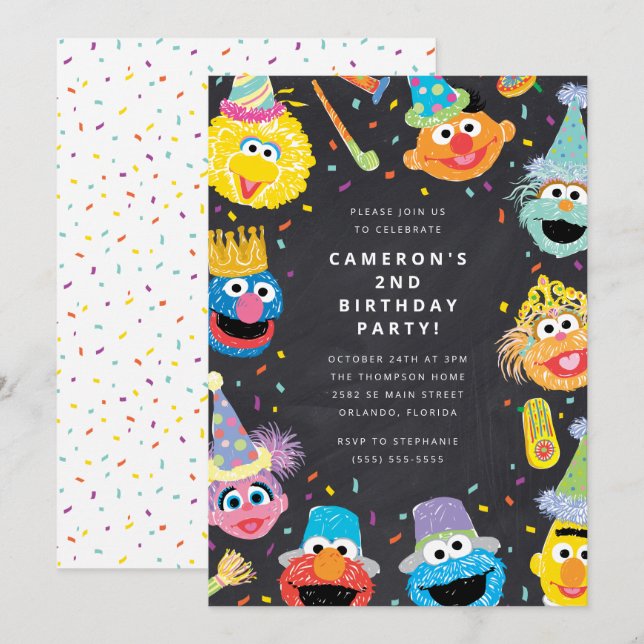 Sesame Street Pals Chalkboard Confetti Birthday Einladung (Vorne/Hinten)