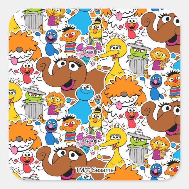 Sesame Street Pals Doodley Pattern Quadratischer Aufkleber (Vorderseite)