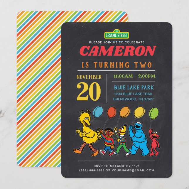 Sesame Street Pals | Khalkboard Balloons Geburtsta Einladung (Vorne/Hinten)