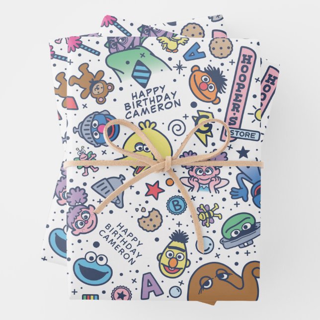 Sesame Street | Sesamstraßen-Freunde-Doodle-Muster Geschenkpapier Set (Beispiel)