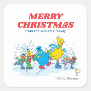 Sesame Street Winter   Frohe Weihnachten Quadratischer Aufkleber