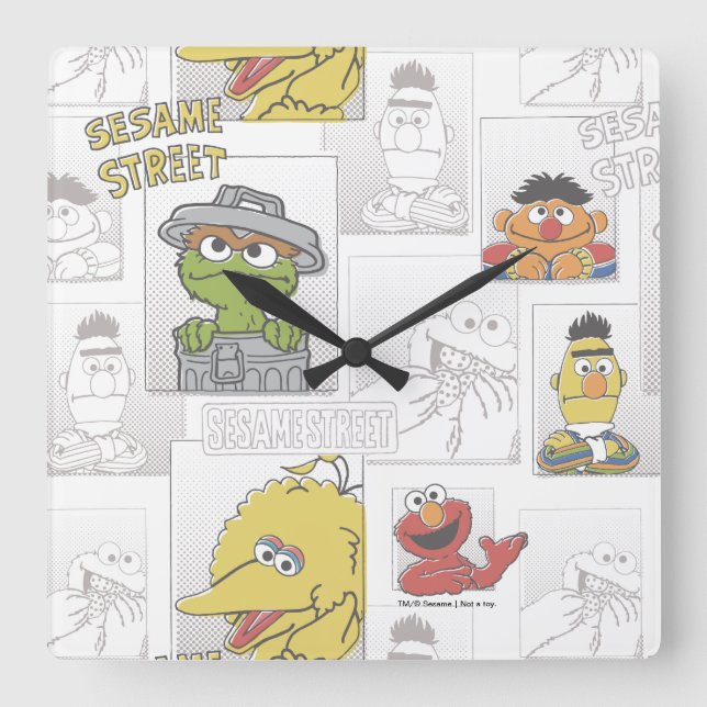 Sesame StreetVintage Comic Pattern Quadratische Wanduhr (Vorderseite)