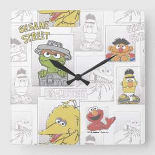Sesame StreetVintage Comic Pattern Quadratische Wanduhr