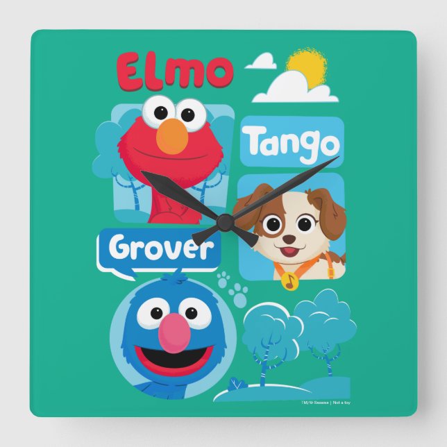 Sesamstraße | Elmo, Tango, & Grover Park Graphic Quadratische Wanduhr (Vorderseite)