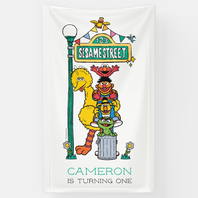 Sesamstraße-Figuren Erster Geburtstagsbanner Banner (Vertikal)