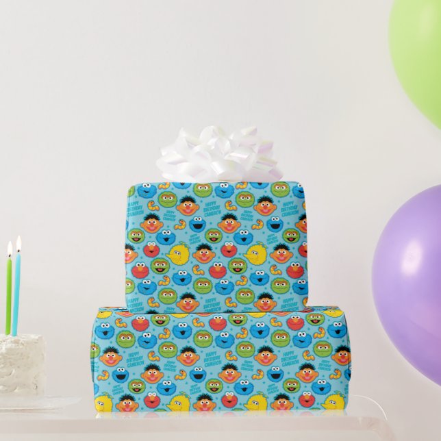 Sesamstraße-Gesichter-Muster auf Blau Geschenkpapier (Partygeschenke)