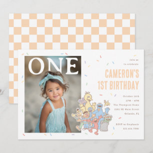 Sesamstraße Pastell Orange Konfetti 1. Geburtstag Einladung