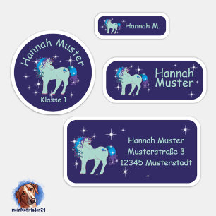 Set - 24 Namensaufkleber Fantasy Einhorn blau   Aufkleber