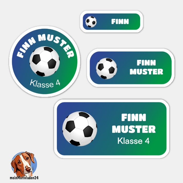 Set - 24 Namensaufkleber Fußball Farbverlauf |   Aufkleber (24 verschiedene Namensaufkleber für Kinder - Motiv: Fußball - Farbverlauf Blau - Grün)