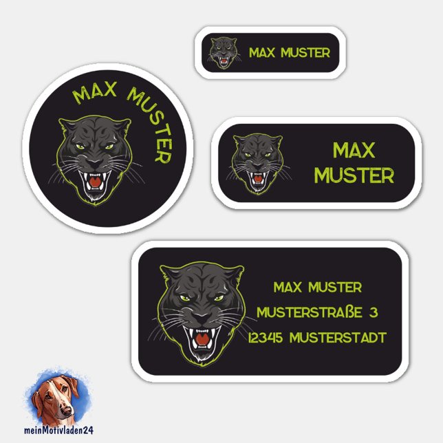 Set - 24 Namensaufkleber Panther schwarz |  Aufkleber (Namensaufkleber Set für Kinder - Panther schwarz - 24 teilig, personalisierbar )