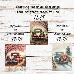 Set 3 Vintage Trucks & Hearts für Decoupage Geschenkpapier Set