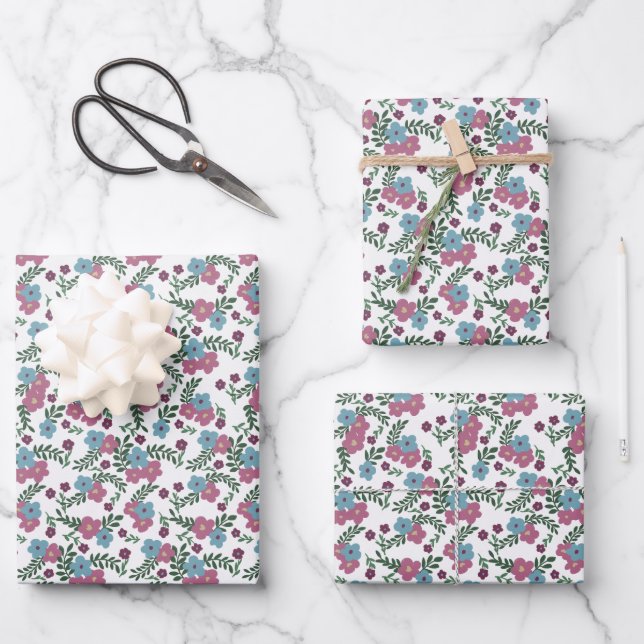 Set aus 3 - Boho-Blumenmuster in Rosa, Taupe und T Geschenkpapier Set (Vorderseite)
