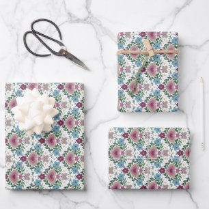 Set aus 3-Erdige rosa und türkisfarbene Blumen und Geschenkpapier Set