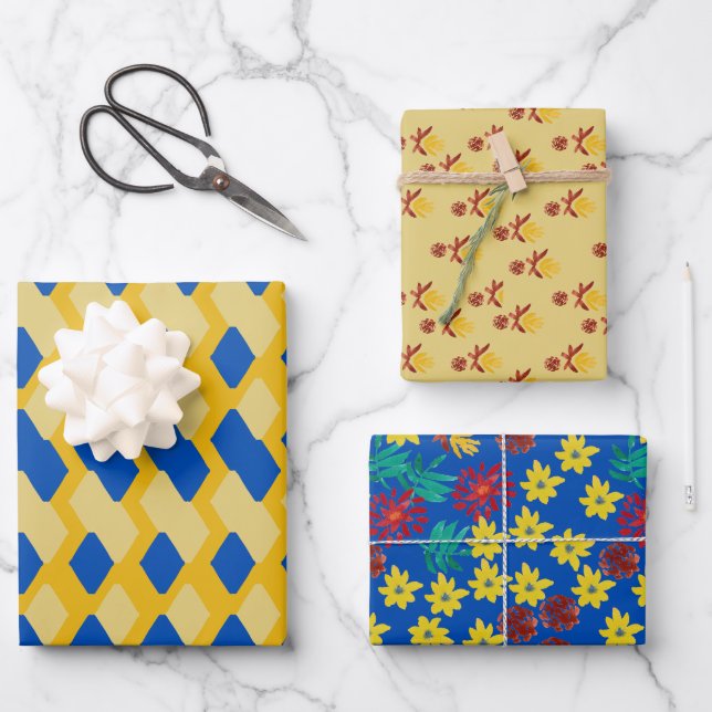 Set aus 3 floralen und geometrischen Geschenkpapie Geschenkpapier Set (Vorderseite)