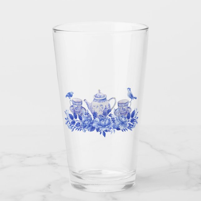 Set aus Blauem und Weißem Tee mit Vögeln Glas (Vorderseite)