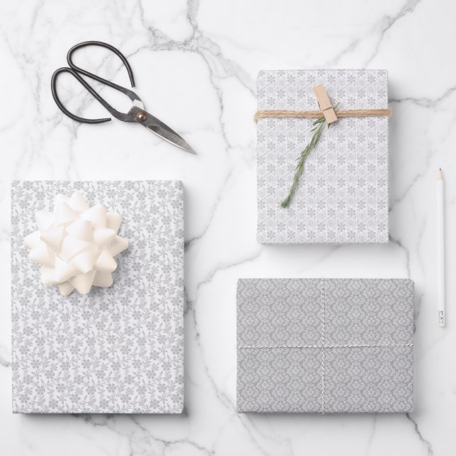 Set aus Papierblättern - Graue Blumenmuster Geschenkpapier Set (Vorderseite)