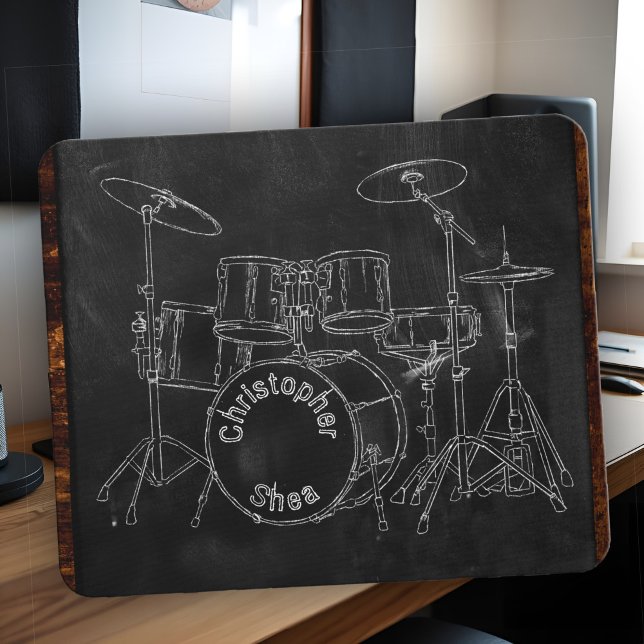 Set Chalk Sketch auf Schwarz Hinzufügen eines beli Mousepad (Custom chalk drum set mouse pad with name, cool gift for drummers, home studios, or music lovers!)