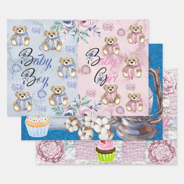 Set des Wrapping Paper Sheet of 3 Gender Reveal, 1 Geschenkpapier Set (Set)