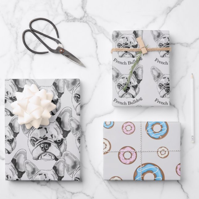 Set French Bulldog und donuts Pop Art Geschenkpapier Set (Vorderseite)