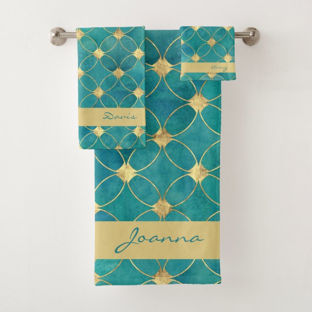 Set für aquamarine und goldene Badehandtücher (Insitu)