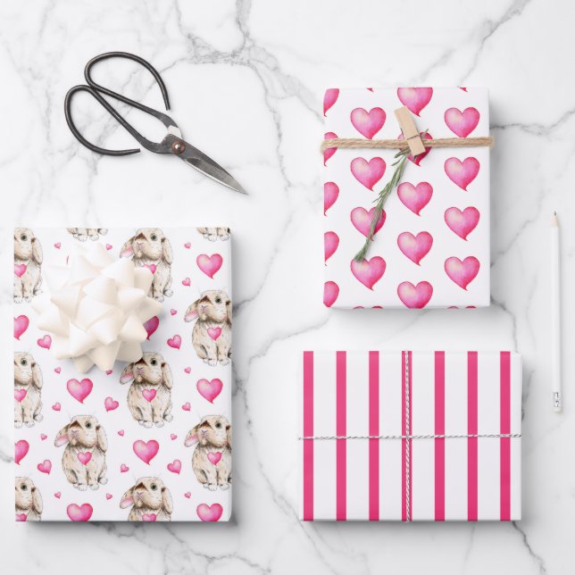 Set für das Wrapping von Bunny and Hearts 3 Geschenkpapier Set (Vorderseite)