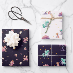 Set für Drachen- und Einhornverpackungspapier (3 B Geschenkpapier Set