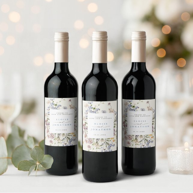 Set für Lebensmittel und Getränke Weinetikett (Colorful Spring Wildflower Meadow Garden Wedding Wine Label)