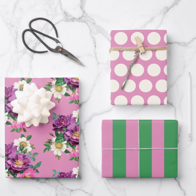 Set für lila und rosa Blume Geschenkpapier Set (Vorderseite)