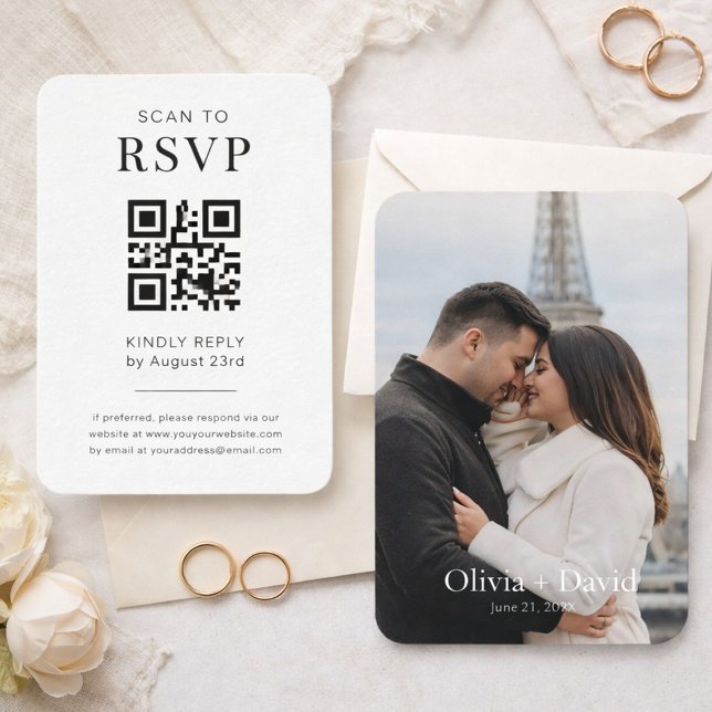 Set mit 100 eleganten QR-Code-Hochzeitswebsite-Kar Visitenkarte (Elegant RSVP QR code card with matching couple photo wedding insert)