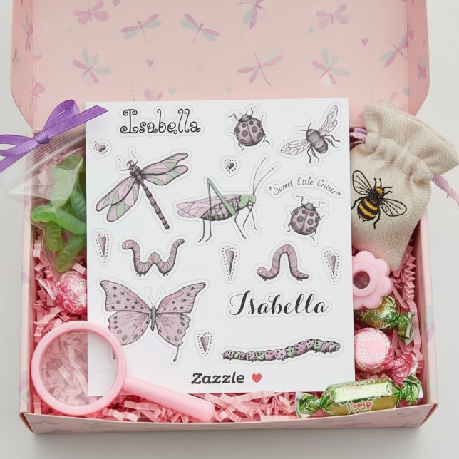 Set mit 18 Hübschem Rosa, süß und süß Aufkleber (Pink and Green Insect Stickers for Bugs Theme Birthday for Kids. Butterfly, Dragonfly, Ladybug, Bee)