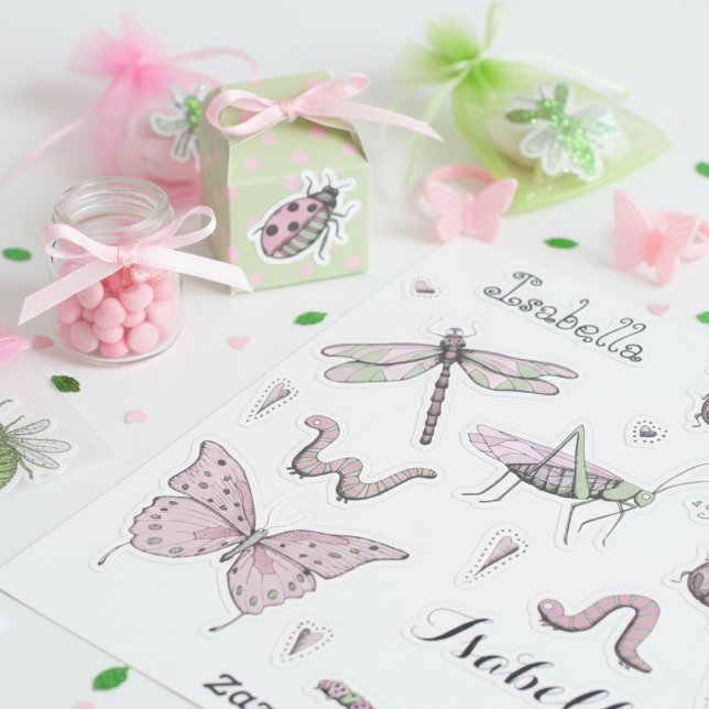 Set mit 18 Hübschem Rosa, süß und süß Aufkleber (Cute Girly Insect Stickers for Kids. Pretty Pastel Pink & Green Butterfly & Ladybug Illustration)