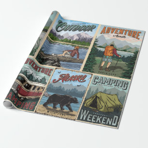 Set mit Vintage-Postern für Outdoor-Aktivitäten mi Geschenkpapier
