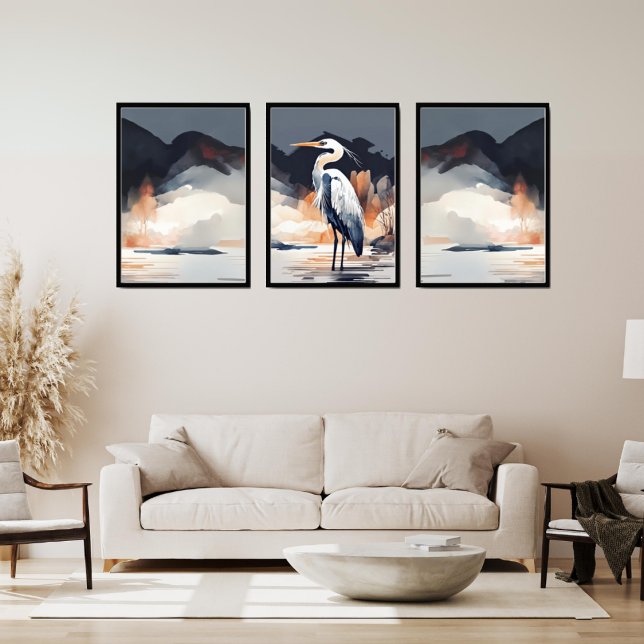 Set of 3 Heron Landscape Paintings | Orange & Gray (Von Creator hochgeladen)