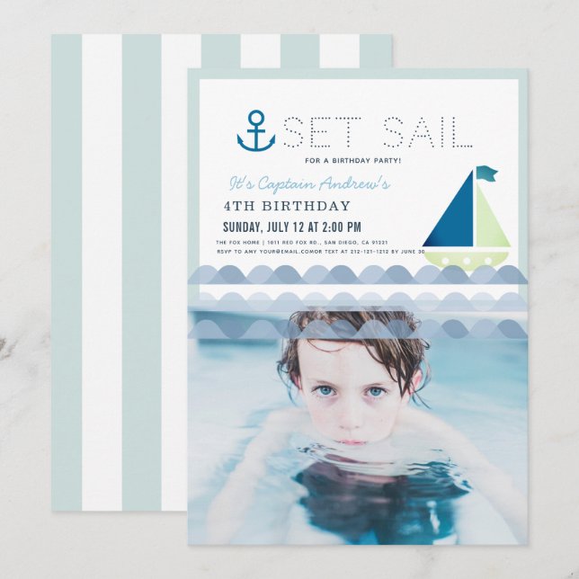 Set Sail Sailboat Blue Boy Birthday Foto Einladung (Vorne/Hinten)