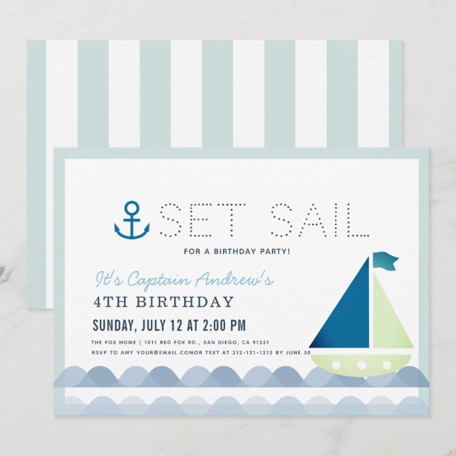 Set Sail Sailboat Nautical Blue Boy Geburtstag Einladung (Vorne/Hinten)