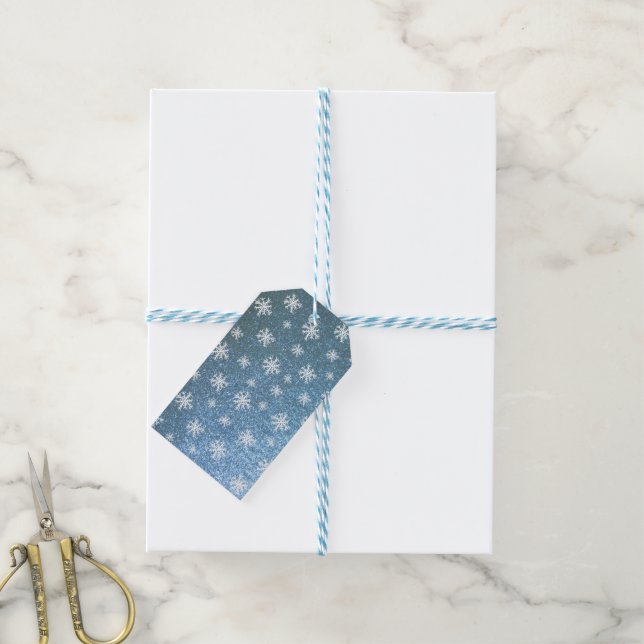 Set von 10 Blauen Schneeflocken Geschenkanhänger (Mit Garn)